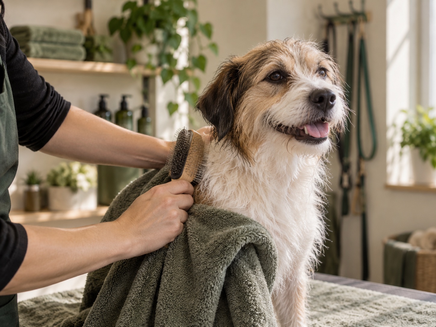 A relaxed dog being gently brushed and towel-dried in a warm grooming studio